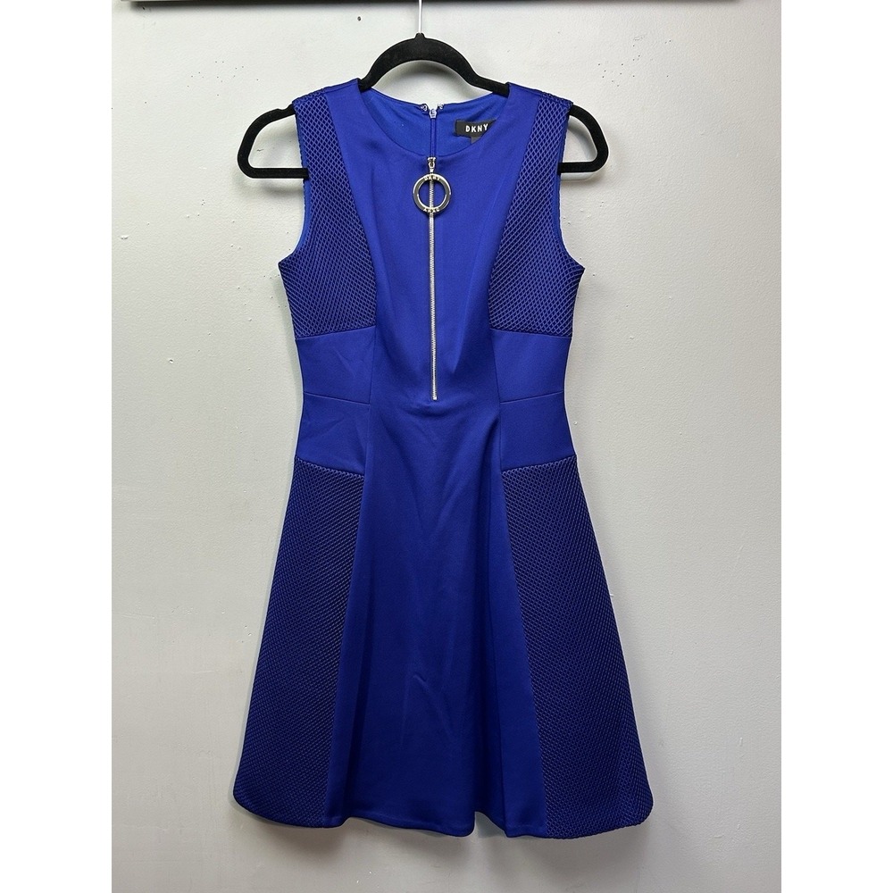 DKNY Dress Womens 2 Purple Fit and Flare Mesh Panel Front Zip O-Ring NEW